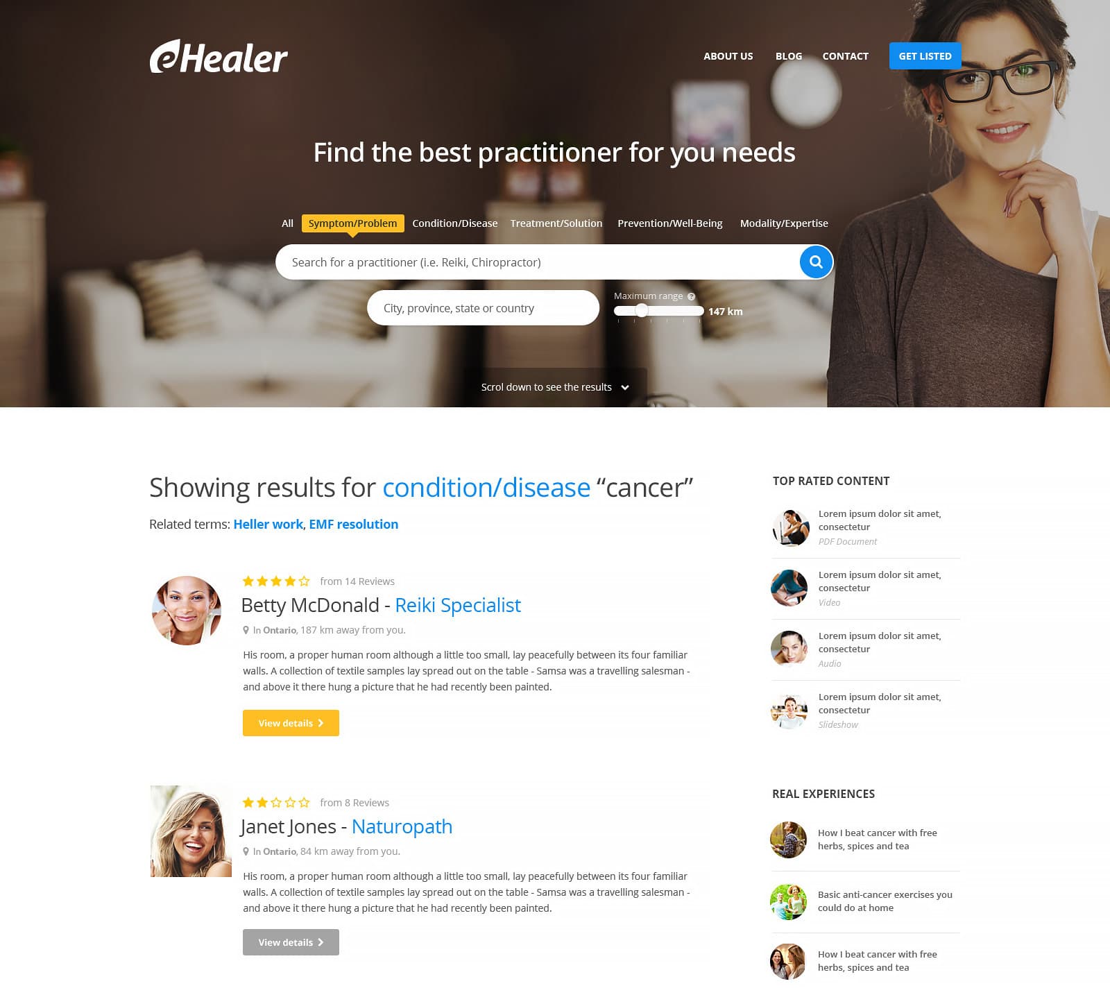 eHealer search results.