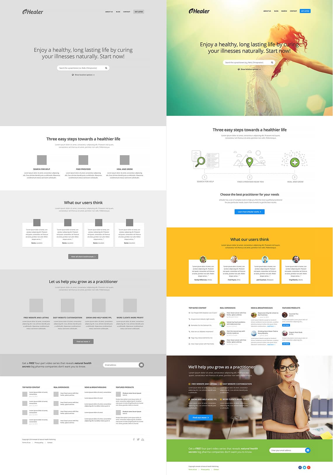 Hi-fidelity mockup of the eHealer home page.
