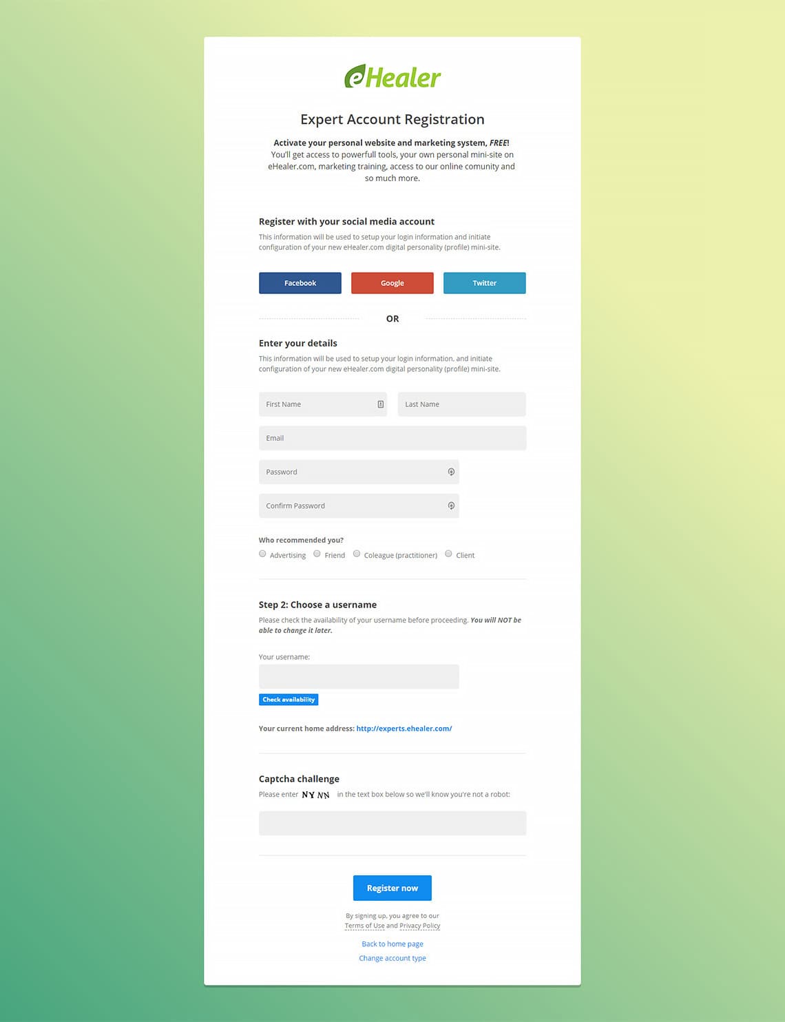 The registration page